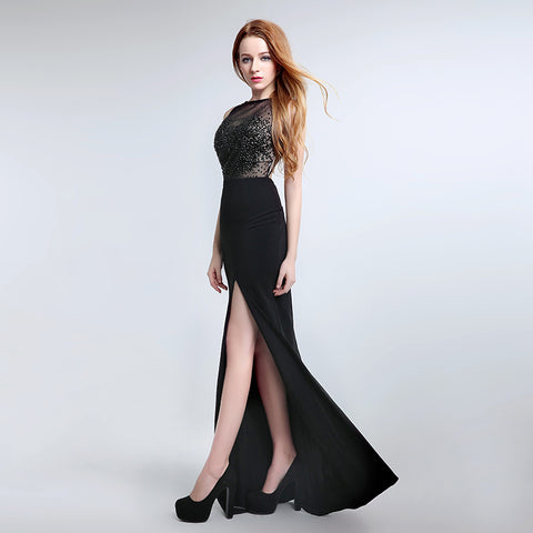 Sophisticated Sleeveless Black Evening Gown with Lace - detailed Bodice and High Slit Prom Dress,LX170