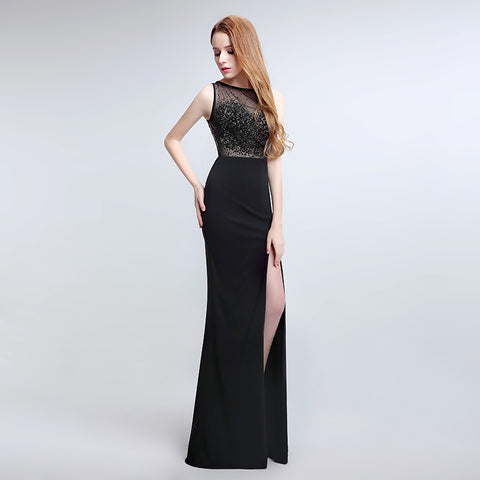 Sophisticated Sleeveless Black Evening Gown with Lace - detailed Bodice and High Slit Prom Dress,LX170
