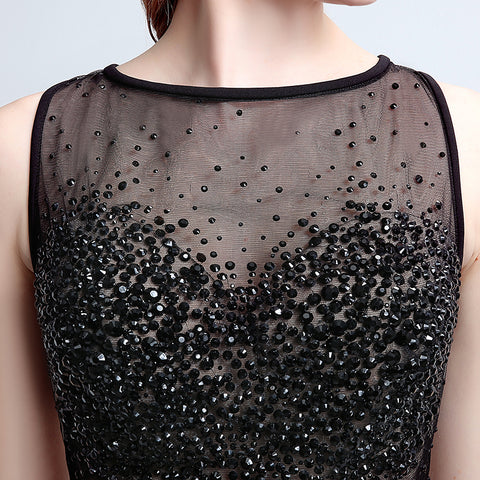 Sophisticated Sleeveless Black Evening Gown with Lace - detailed Bodice and High Slit Prom Dress,LX170