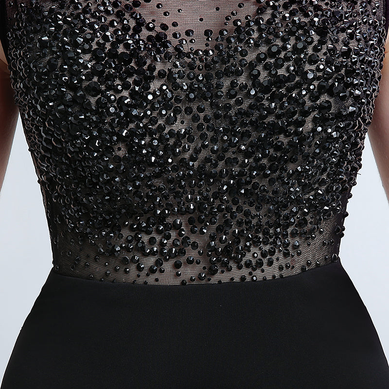 Sophisticated Sleeveless Black Evening Gown with Lace - detailed Bodice and High Slit Prom Dress,LX170
