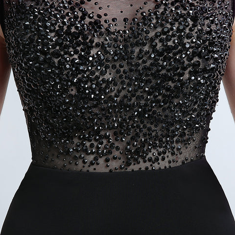 Sophisticated Sleeveless Black Evening Gown with Lace - detailed Bodice and High Slit Prom Dress,LX170