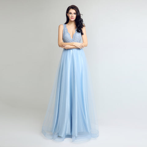 Graceful Sleeveless Light Blue V - Neck Tulle Gown Prom Dress,LX262