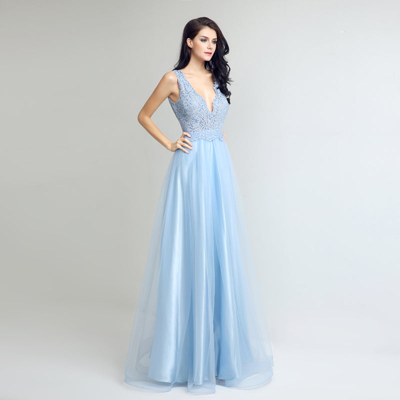 Graceful Sleeveless Light Blue V - Neck Tulle Gown Prom Dress,LX262