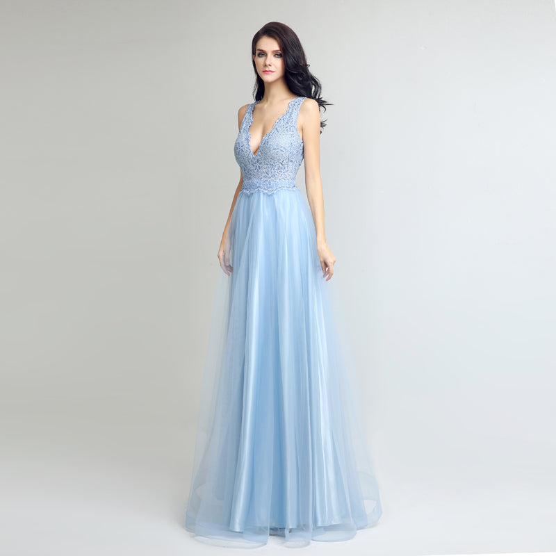 Graceful Sleeveless Light Blue V - Neck Tulle Gown Prom Dress,LX262