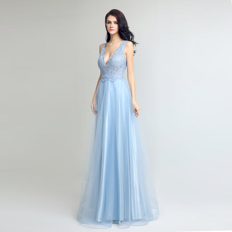 Graceful Sleeveless Light Blue V - Neck Tulle Gown Prom Dress,LX262