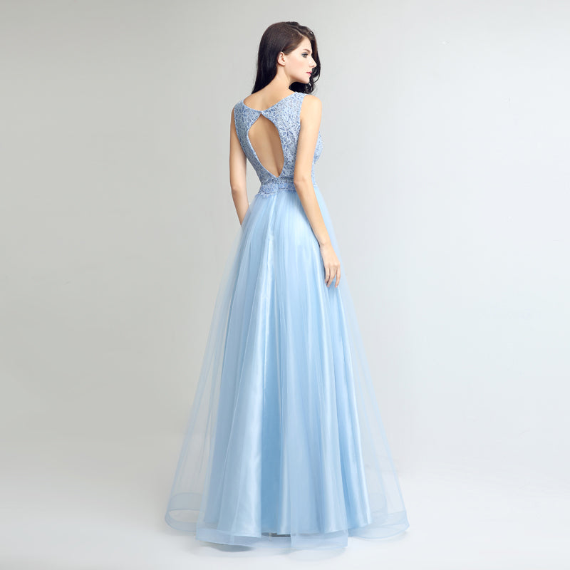 Graceful Sleeveless Light Blue V - Neck Tulle Gown Prom Dress,LX262