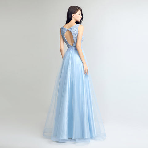 Graceful Sleeveless Light Blue V - Neck Tulle Gown Prom Dress,LX262