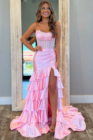 Cute Mermaid Strapless Pink Satin Slit Prom Dresses