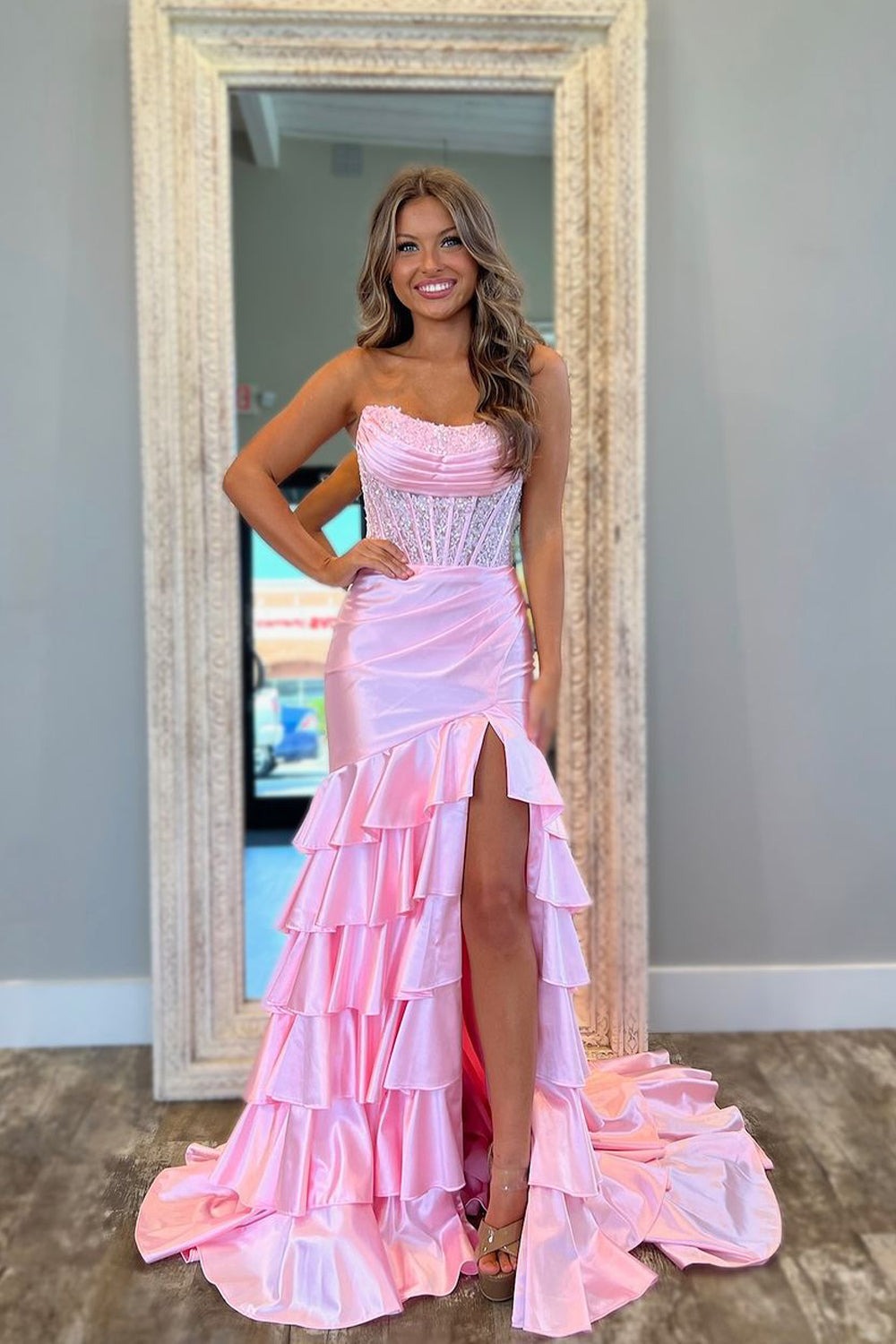 Cute Mermaid Strapless Pink Satin Slit Prom Dresses