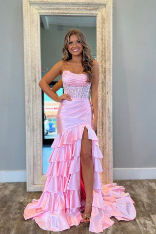 Cute Mermaid Strapless Pink Satin Slit Prom Dresses