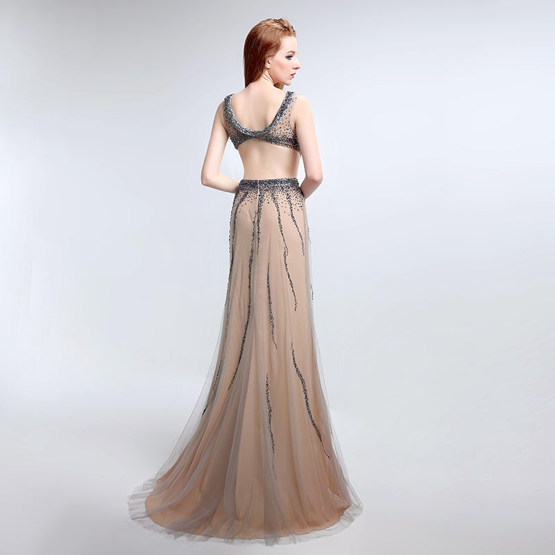 Glamorous Sleeveless Nude - colored Gown with Cut - out Detail, Sparkling Beaded Bodice and Flowing Tulle Prom Dress,LX172