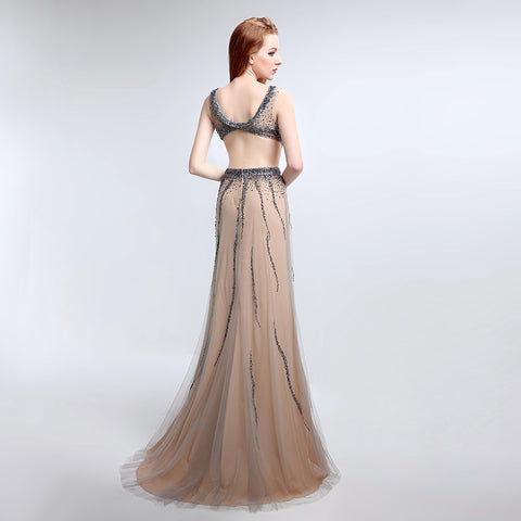 Glamorous Sleeveless Nude - colored Gown with Cut - out Detail, Sparkling Beaded Bodice and Flowing Tulle Prom Dress,LX172