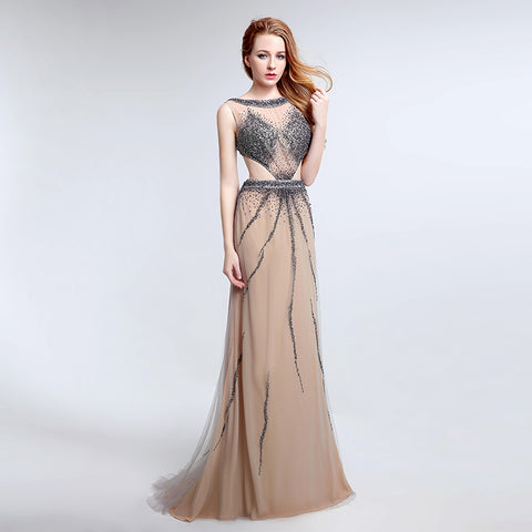 Glamorous Sleeveless Nude - colored Gown with Cut - out Detail, Sparkling Beaded Bodice and Flowing Tulle Prom Dress,LX172