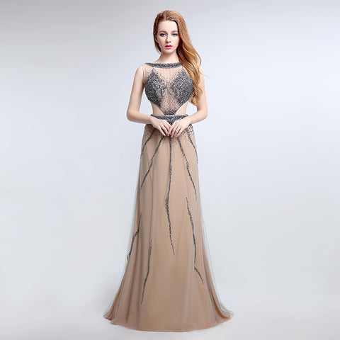 Glamorous Sleeveless Nude - colored Gown with Cut - out Detail, Sparkling Beaded Bodice and Flowing Tulle Prom Dress,LX172