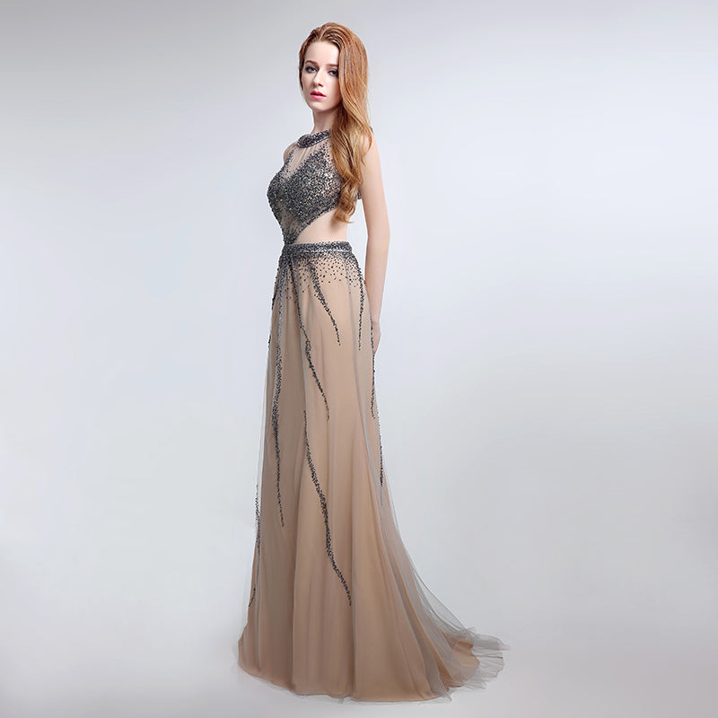 Glamorous Sleeveless Nude - colored Gown with Cut - out Detail, Sparkling Beaded Bodice and Flowing Tulle Prom Dress,LX172