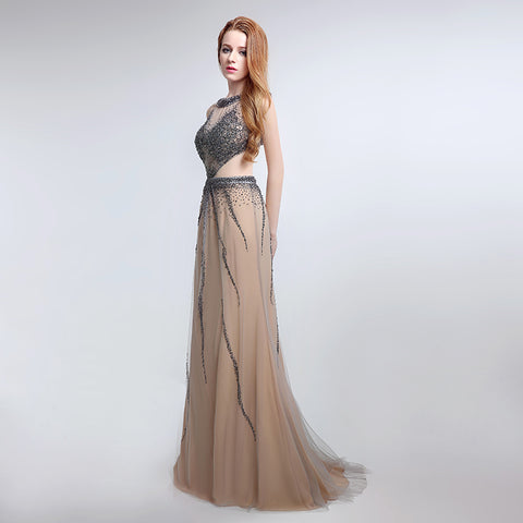 Glamorous Sleeveless Nude - colored Gown with Cut - out Detail, Sparkling Beaded Bodice and Flowing Tulle Prom Dress,LX172