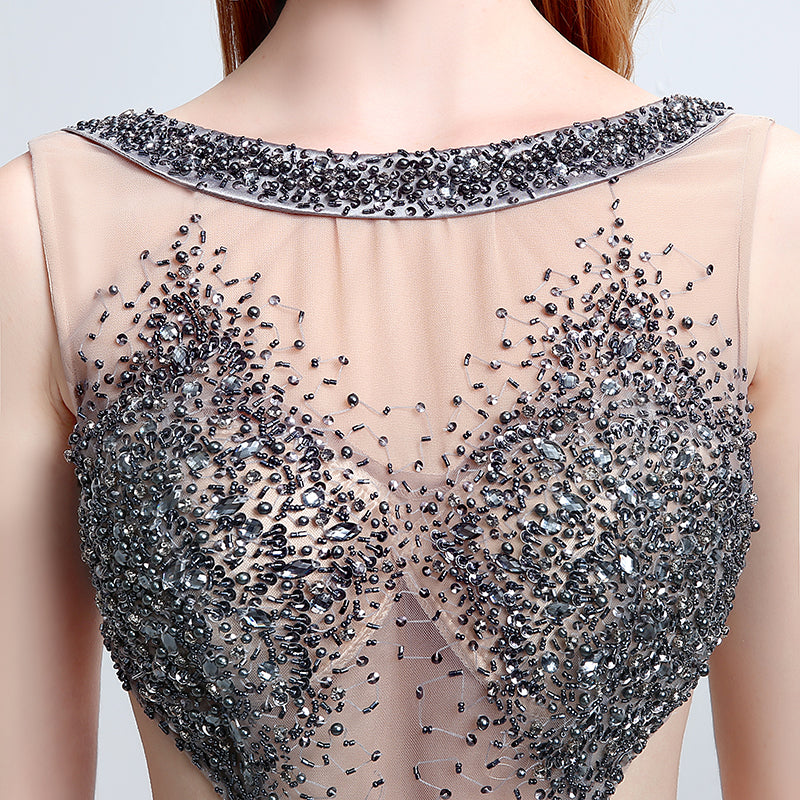 Glamorous Sleeveless Nude - colored Gown with Cut - out Detail, Sparkling Beaded Bodice and Flowing Tulle Prom Dress,LX172