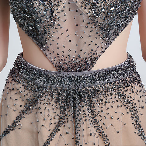 Glamorous Sleeveless Nude - colored Gown with Cut - out Detail, Sparkling Beaded Bodice and Flowing Tulle Prom Dress,LX172
