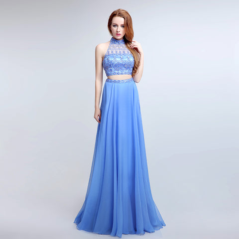 Elegant Halter - neck Two - piece Blue Gown with Embroidered Bodice and Flowing Tulle Prom Dress,LX173