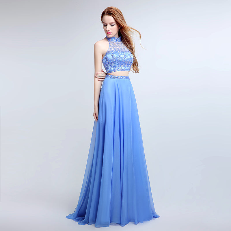 Elegant Halter - neck Two - piece Blue Gown with Embroidered Bodice and Flowing Tulle Prom Dress,LX173
