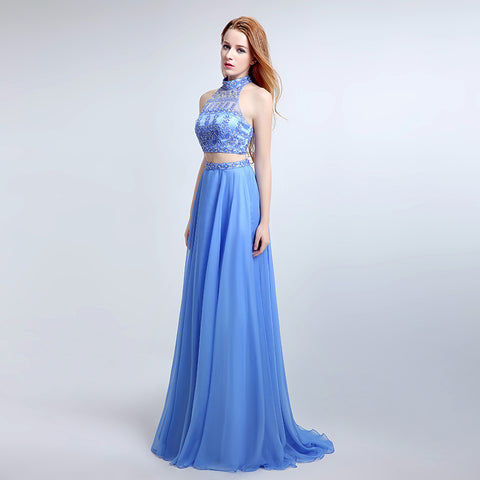 Elegant Halter - neck Two - piece Blue Gown with Embroidered Bodice and Flowing Tulle Prom Dress,LX173
