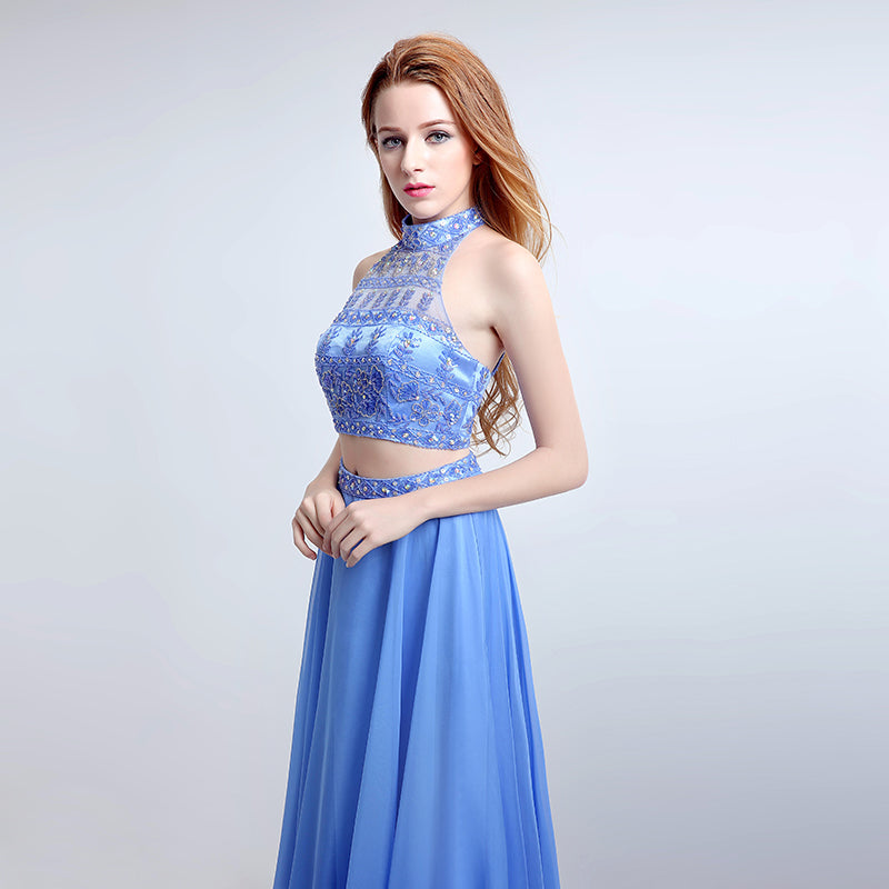 Elegant Halter - neck Two - piece Blue Gown with Embroidered Bodice and Flowing Tulle Prom Dress,LX173