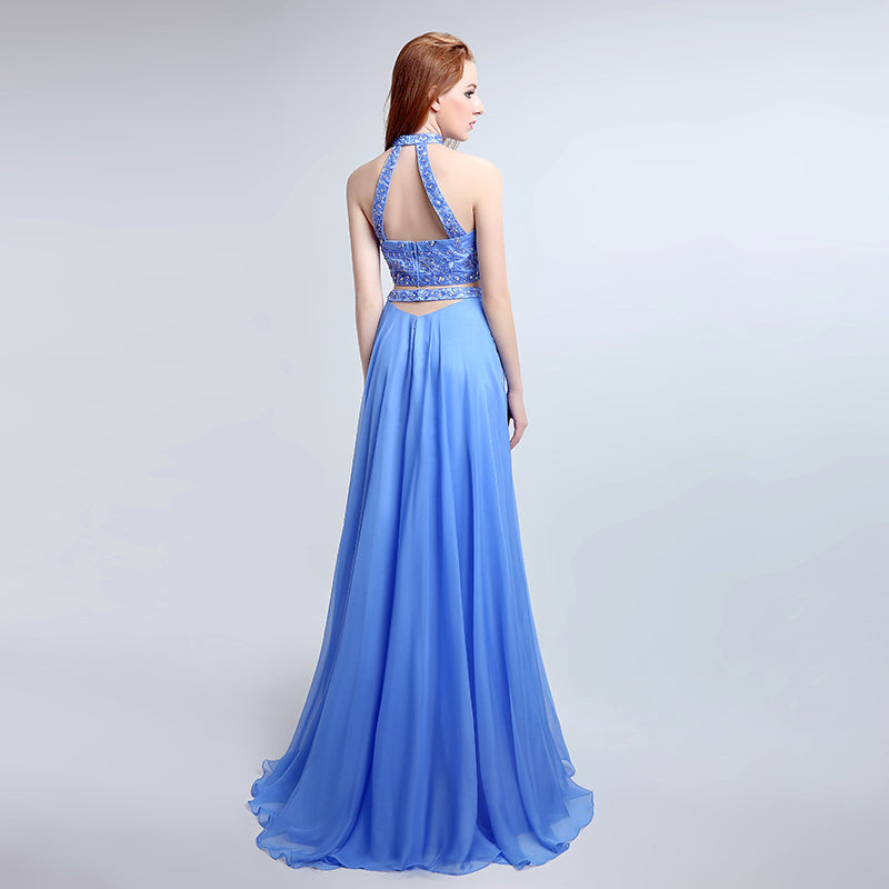 Elegant Halter - neck Two - piece Blue Gown with Embroidered Bodice and Flowing Tulle Prom Dress,LX173