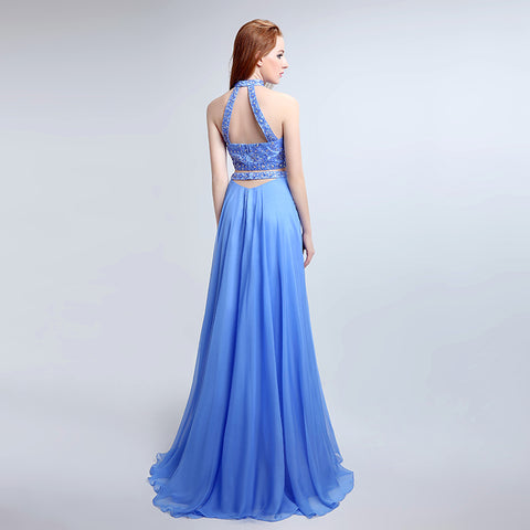Elegant Halter - neck Two - piece Blue Gown with Embroidered Bodice and Flowing Tulle Prom Dress,LX173