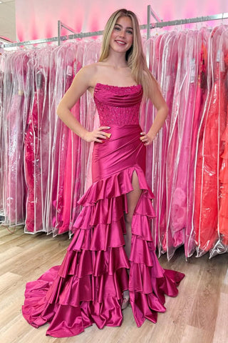Cute Mermaid Strapless Pink Satin Slit Prom Dresses