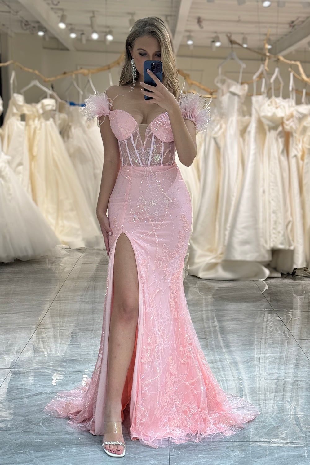 Mermaid Pink Off the Shoulder Corset Prom Dress with Slit