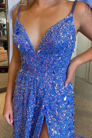 V Neck Blue Sequins A-Line Long Prom Dress with Slit