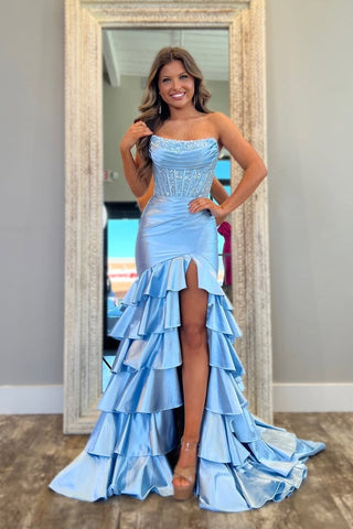 Cute Mermaid Strapless Pink Satin Slit Prom Dresses