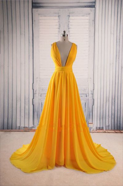 Women's Deep V - Neck Yellow Pleated Long Evening Gown