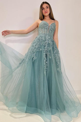 A-Line Sweetheart Spaghetti Straps Tulle Long Prom Dresses with Appliques