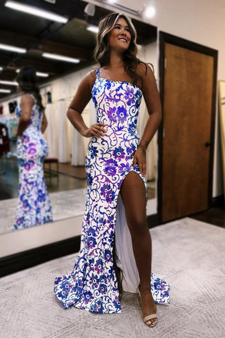 Mermaid One Shoulder Purple White Sequins Long Prom Dresses