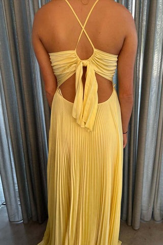 Charming  V Neck A Line Yellow Satin Long Prom Dresses