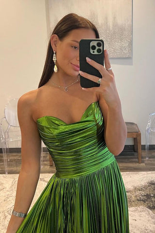 A Line Metallic Satin Pleated Strapless Prom Dresses with Slit
