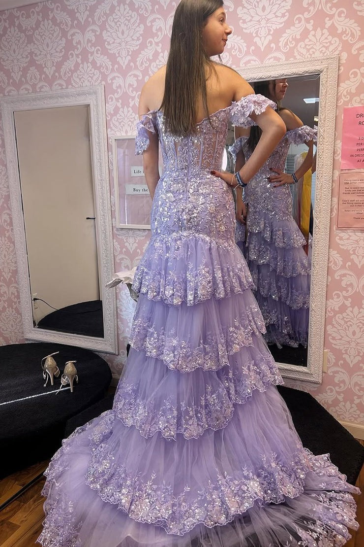 Sparkly Off the Shoulder Lavender Sequins Tiered Mermaid Prom Dress with Slit