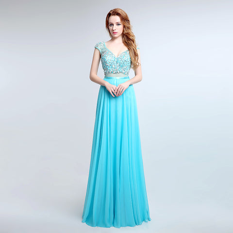 Charming Short - Sleeved V - Neck Aqua Blue Gown with Embroidered Bodice and Flowing Tulle Prom Dress,LX177