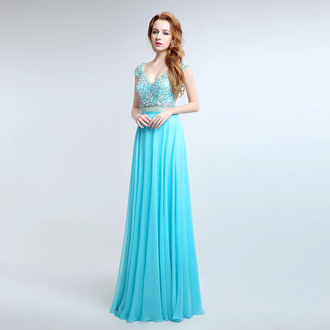 Charming Short - Sleeved V - Neck Aqua Blue Gown with Embroidered Bodice and Flowing Tulle Prom Dress,LX177