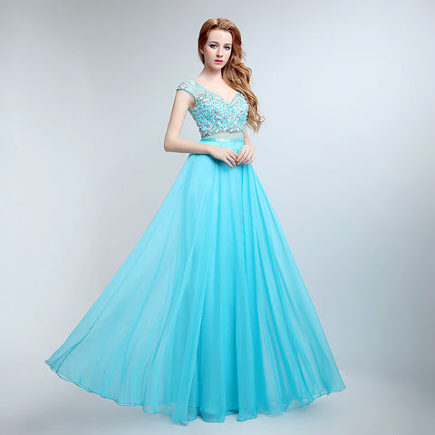 Charming Short - Sleeved V - Neck Aqua Blue Gown with Embroidered Bodice and Flowing Tulle Prom Dress,LX177