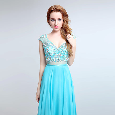 Charming Short - Sleeved V - Neck Aqua Blue Gown with Embroidered Bodice and Flowing Tulle Prom Dress,LX177
