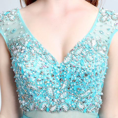Charming Short - Sleeved V - Neck Aqua Blue Gown with Embroidered Bodice and Flowing Tulle Prom Dress,LX177