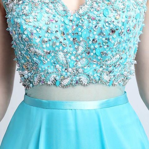 Charming Short - Sleeved V - Neck Aqua Blue Gown with Embroidered Bodice and Flowing Tulle Prom Dress,LX177