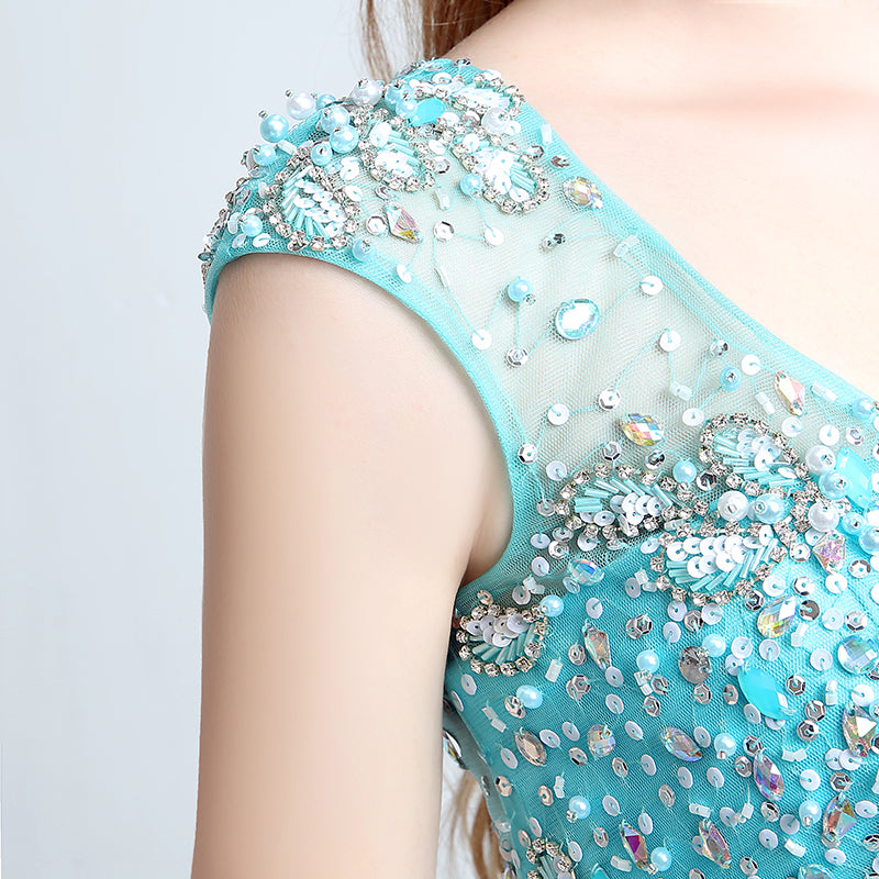 Charming Short - Sleeved V - Neck Aqua Blue Gown with Embroidered Bodice and Flowing Tulle Prom Dress,LX177