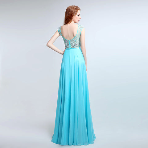 Charming Short - Sleeved V - Neck Aqua Blue Gown with Embroidered Bodice and Flowing Tulle Prom Dress,LX177