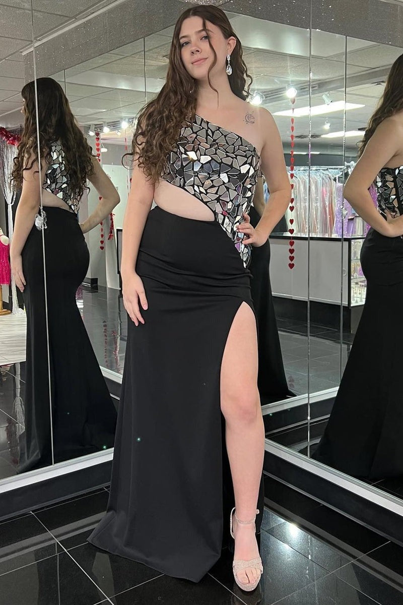 One Shoulder Sheath  Cut Mirror Sequins Prom Dress