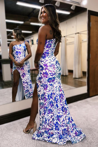 Mermaid One Shoulder Purple White Sequins Long Prom Dresses