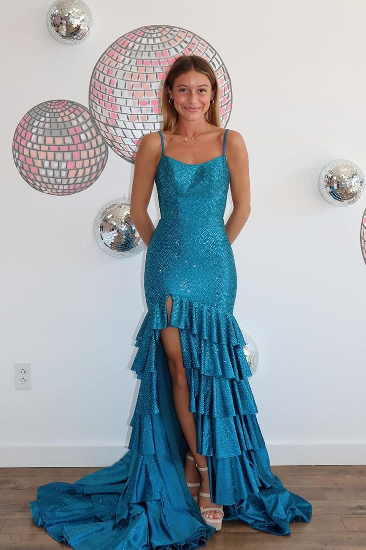 Charming Scoop Neck Teal Satin Beading Mermaid Prom Dresses