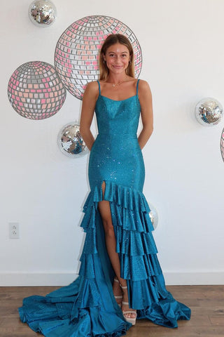 Charming Scoop Neck Teal Satin Beading Mermaid Prom Dresses